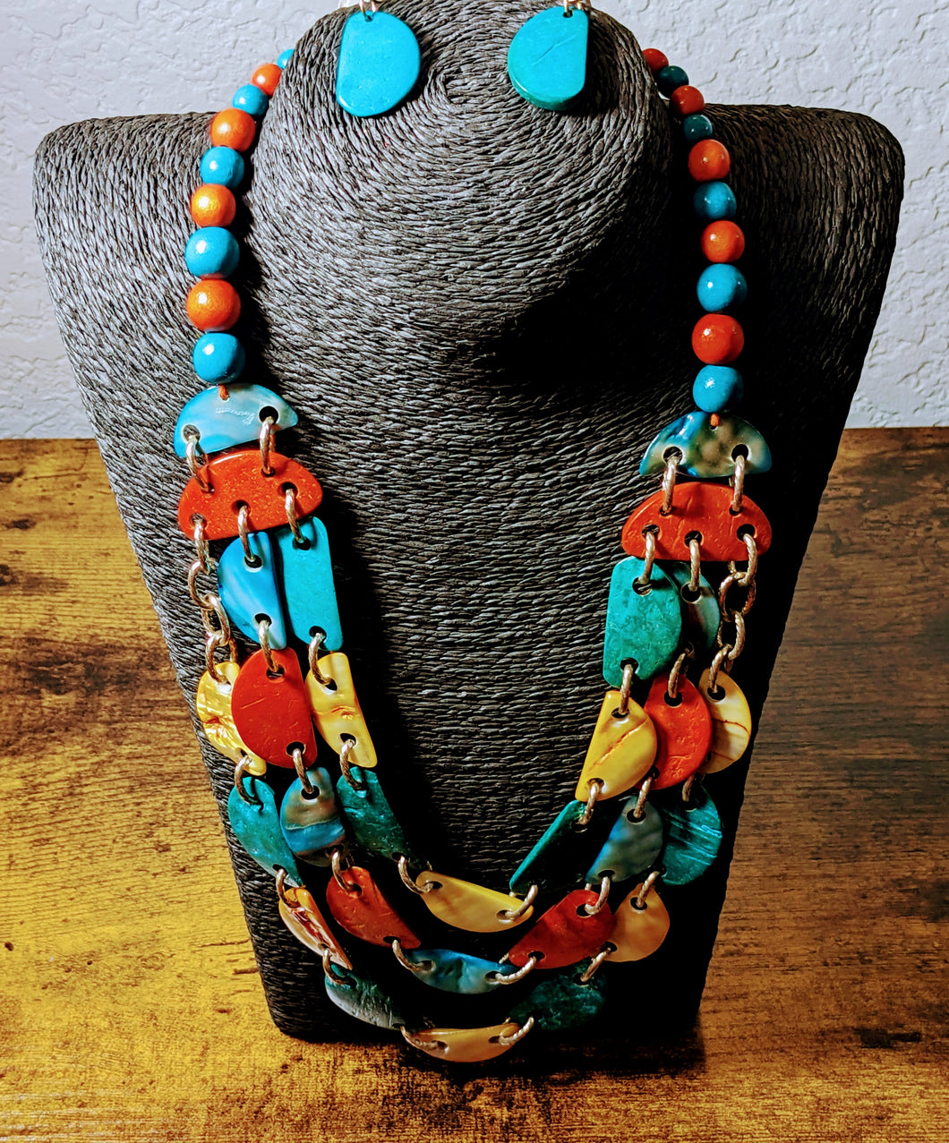 Tangerine & Teal Shells and Wood Necklace Set